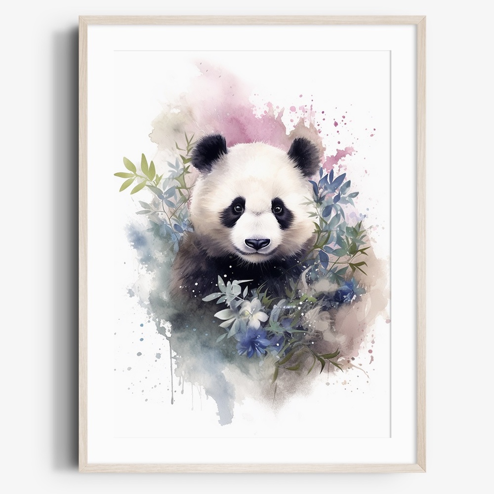 Watercolor Panda Bear With Flowers Portrait Wall Art Illustration Print Unframed - Picture 1 of 6